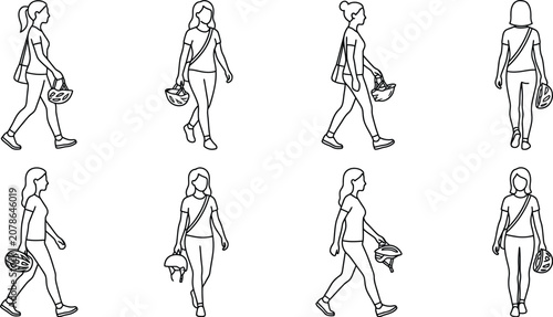 Walking Woman with Bicycle Helmet Vector Line Art Set, Female Cyclist Character Icon