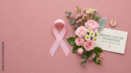 Breast cancer awareness campaign with ribbon flowers and support card