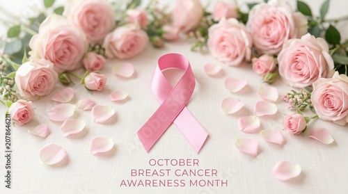 Pink roses and ribbon for breast cancer awareness campaign