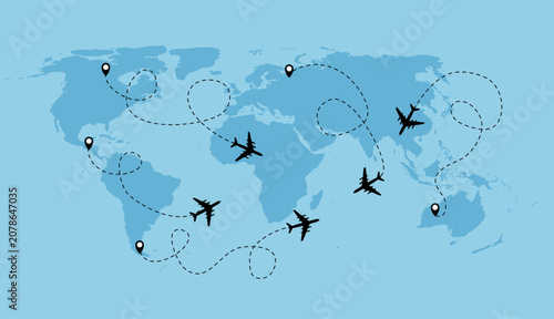 World map with airplanes and location pins illustrating global travel and flight connections