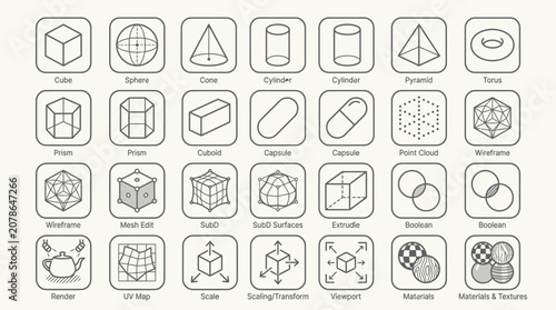 Fotografie Grid of line icons for 3D modeling and geometry.
