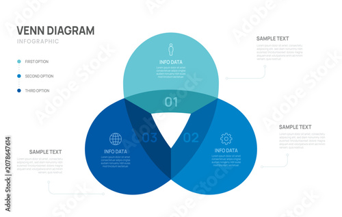 Foto Venn diagram infographic chart template for business three parts options, presentation with venn diagram elements vector illustration