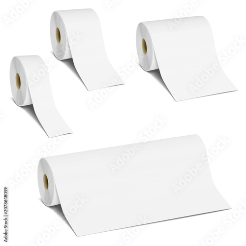 Different widths white blank paper rolls. Vector mockup set. Thermal print paper. Narrow, wide tape roll on spool. Mock-up. Template for design