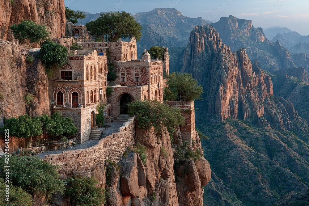 Fototapeta premium Ancient fort built into rocky mountain cliffs with lush greenery