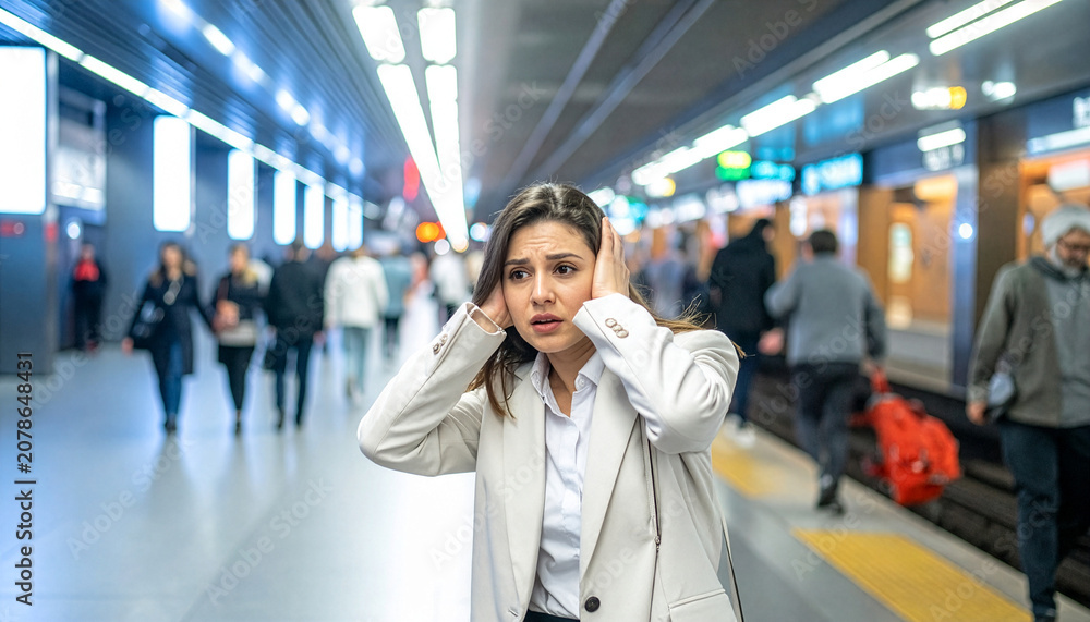 Fototapeta premium Stressed woman covering her ears to block out loud city noise while standing on a busy underground train station platform