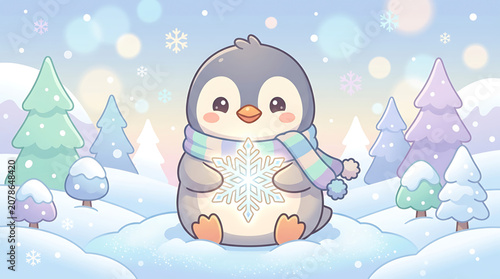 Cute penguin holds snowflake in winter landscape with trees