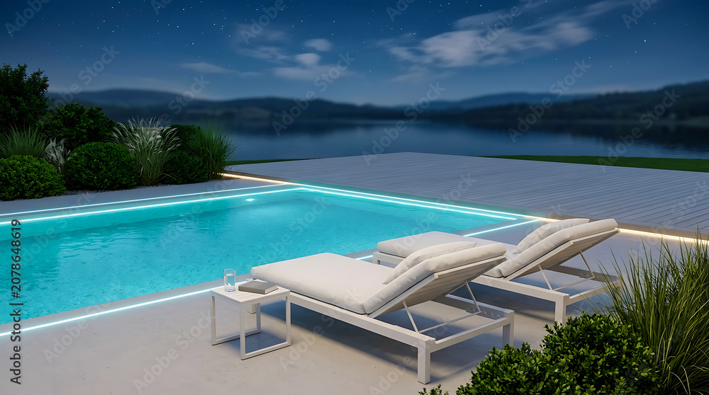 Fototapeta premium Modern Poolside Lounge with White Sunbeds by Night under Starry Sky