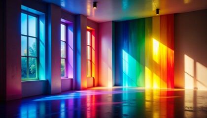 Empty modern interior room featuring rainbow spectrum light and wall art in minimalist studio space for creative background and pride month design concepts