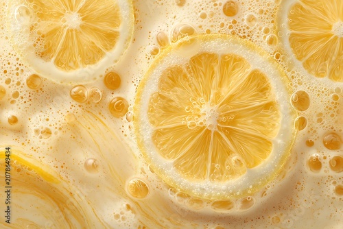 Refreshing lemonade with swirling citrus slices, light froth, and bubbles rising in the liquid