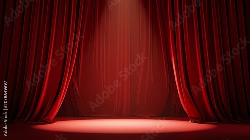 Empty theater stage with dramatic red curtains and spotlight