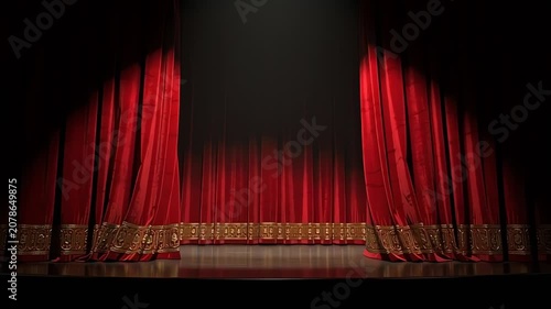 Red theater curtains opening on an empty stage with spotlight