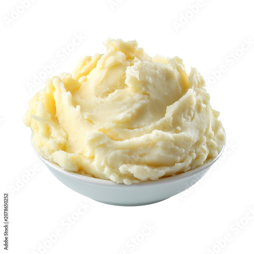 A bowl of creamy mashed potatoes isolated on transparent background