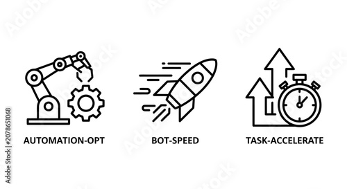 Industrial automation and productivity icons featuring robotic arm bot speed and task acceleration concepts automation robotics productivity industry acceleration efficiency mechanical