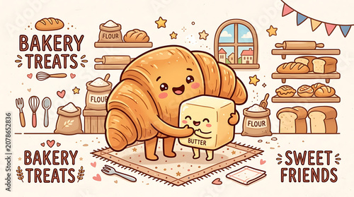 Cartoon croissant and butter characters in bakery