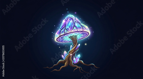 Glowing crystal mushroom with roots and stars in dark background