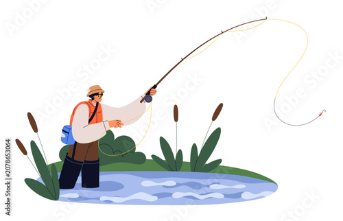 Fisherman standing in water during fly fishing, sport angling. Man angler wit...