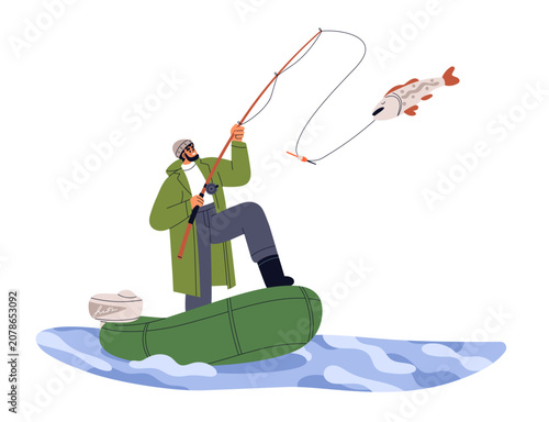 Fisherman catching trophy fish from inflatable boat in freshwater river, lake...