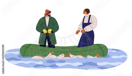Fishermen pulling fishing net, catching fish in freshwater river. Fishers on ...