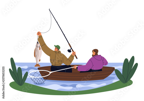 Fishermen catching fish from wooden boat, female holding landing net. Couple ...