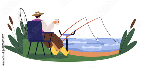 Fisherman sitting in chair by lake water. Fisher man angling with fishing rod...