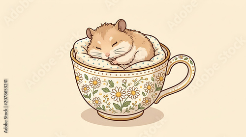 Cute hamster sleeping in a floral teacup