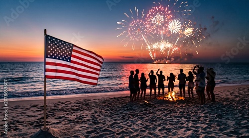 American flag on beach at sunset during fourth of July celebration, fireworks in sky, people gathered by bonfire, patriotic summer evening, celebrating USA independence day, festive ... 