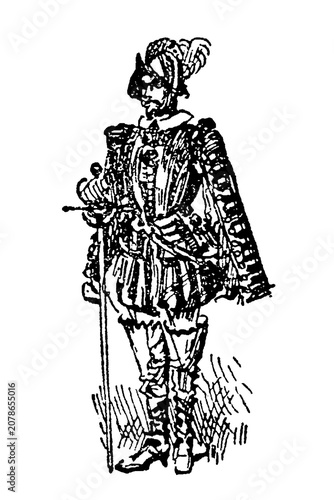 Foto French nobleman from the reign of Charles IX in full armor with plumed helmet and sword, old vintage illustration, 1897
