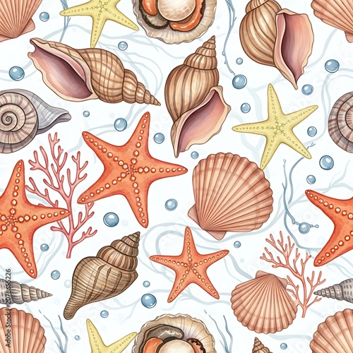 Colorful Seashells and Starfish Pattern for Marine Decor.
