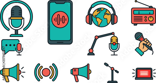 Podcast and Broadcasting Icon Set with Microphone Radio Megaphone Smartphone and Headphones Symbols for Audio Recording Streaming Websites and Media Design Projects