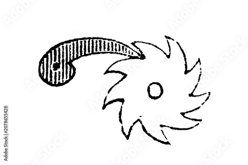 Fotografie Ratchet mechanism sketch with crescent arm and spiky gear wheel, old vintage illustration, 1897