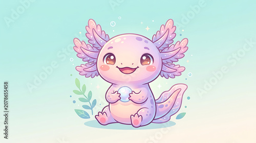 Cute axolotl holding pearl in water with leaves