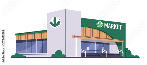 Eco market, green food store building exterior. Modern organic supermarket fa...