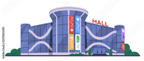 Shopping center, mall building exterior with glass facade and brand signboard...