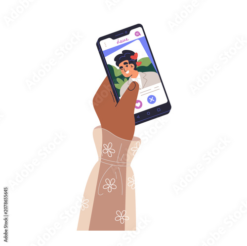 Hand holding smartphone with dating app on screen. Woman swiping, liking man ...