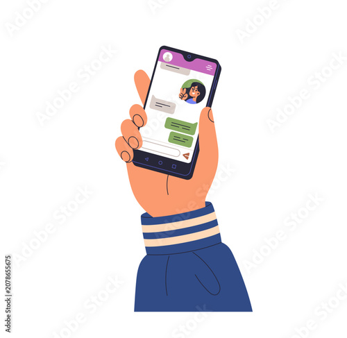 Online chat on mobile phone screen. Hand holding smartphone with messenger ap...