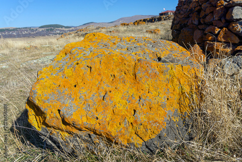 A huge rock covered in bright brown lichen. Hills and a blue sky are in the background. Saro, Meskheti, Javakheti, Georgia.