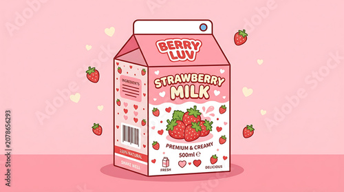 Carton of strawberry milk with heart pattern on pink background
