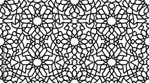 Intricate Islamic geometric monochrome fence patterns with traditional Arabic ornament and complex interlocking star lines for decorative backgrounds.