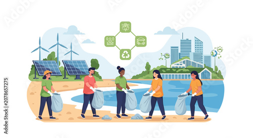 People cleaning beach with eco friendly city background.
