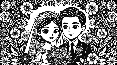 Elegant Wedding Couple holding a Bridal Bouquet with Groom Suit in a Lush Floral Frame Romantic Illustration for Anniversary and Marriage Decor