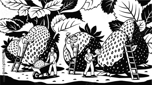 Surreal garden featuring tiny people and worker figurines harvesting giant strawberries in a black and white woodcut style illustration