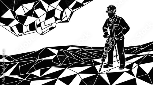 Professional construction worker using a heavy jackhammer for demolition and mining operations as a skilled laborer on low poly geometric terrain.