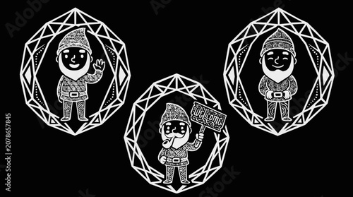 Set of three decorative garden gnome laser cut templates with mandala ornament patterns and a welcome sign for whimsical yard figurines.
