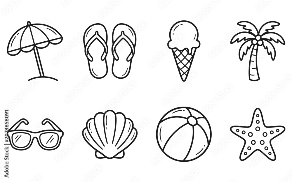 Fototapeta premium Summer vacation icons set, beach symbols with umbrella, flip flops, ice cream, palm tree, sunglasses, shell, ball and starfish, line