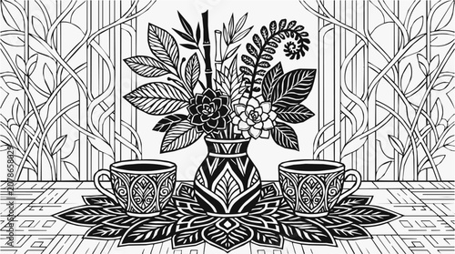 Succulent plants, botanical illustration - Stylish Indoor Miniature Planters with Elegant Floral Arrangement and Decorative Cups