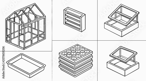 Isometric Greenhouse and Cold Frame Illustration Set with Seed Tray and Nursery Equipment for Professional Herb Propagation
