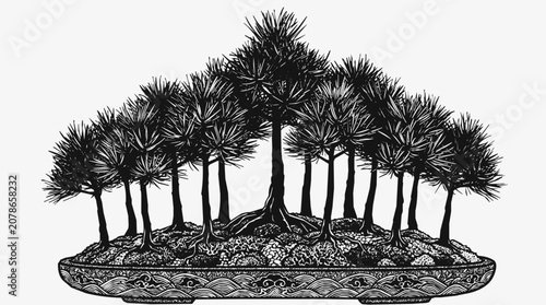 Penjing art - Bonsai Forest with Miniature Pine Trees in Indoor Miniature Planters, Japanese Zen Garden Woodcut Illustration