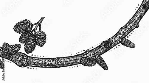 Detailed botanical illustration of a conifer branch with pine cone elements in a geometric line art style