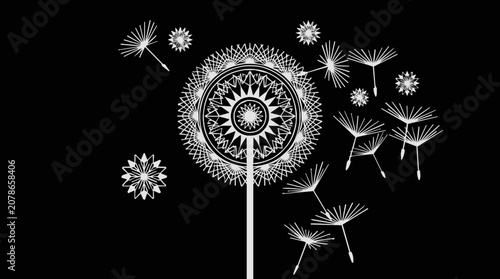White Dandelion Mandala with Blowing Seeds Showing Natural Herb Propagation in a Geometric Line Art Style on Black Background