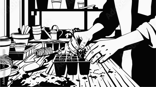 Close up of hands planting seedlings and herb propagation in a home gardening nursery workspace